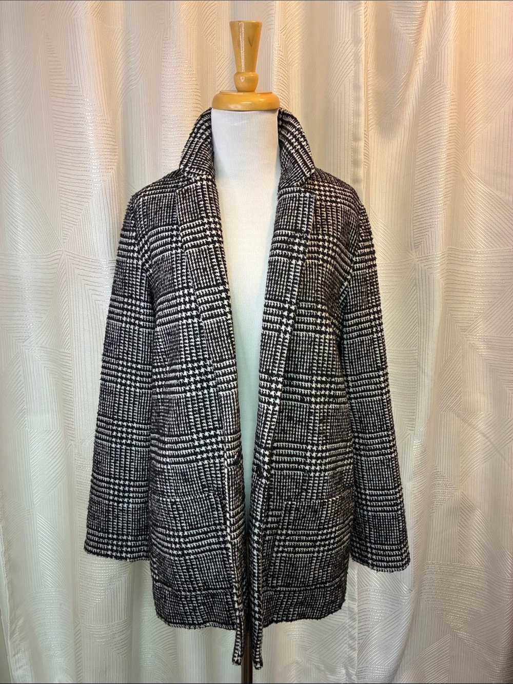 Ambiance Black & White Plaid Open-Front Pea Coat